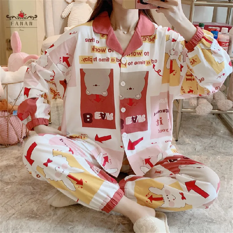 

Cartoon Women Sleepwear Sets Loose Cotton Pajamas Suits Spring Cardigan Long Sleeve Pants Homewear 2pcs Cute Girls Nightwear