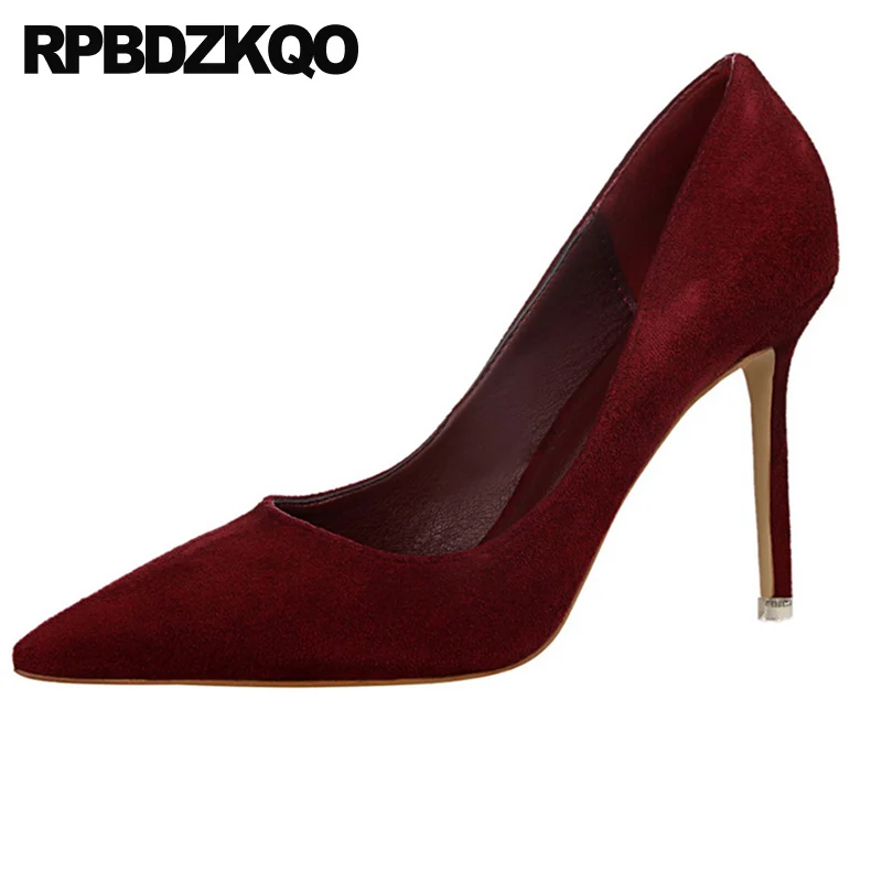 Туфли женские на высоком каблуке шпильке винно красные замшевые туфли лодочки