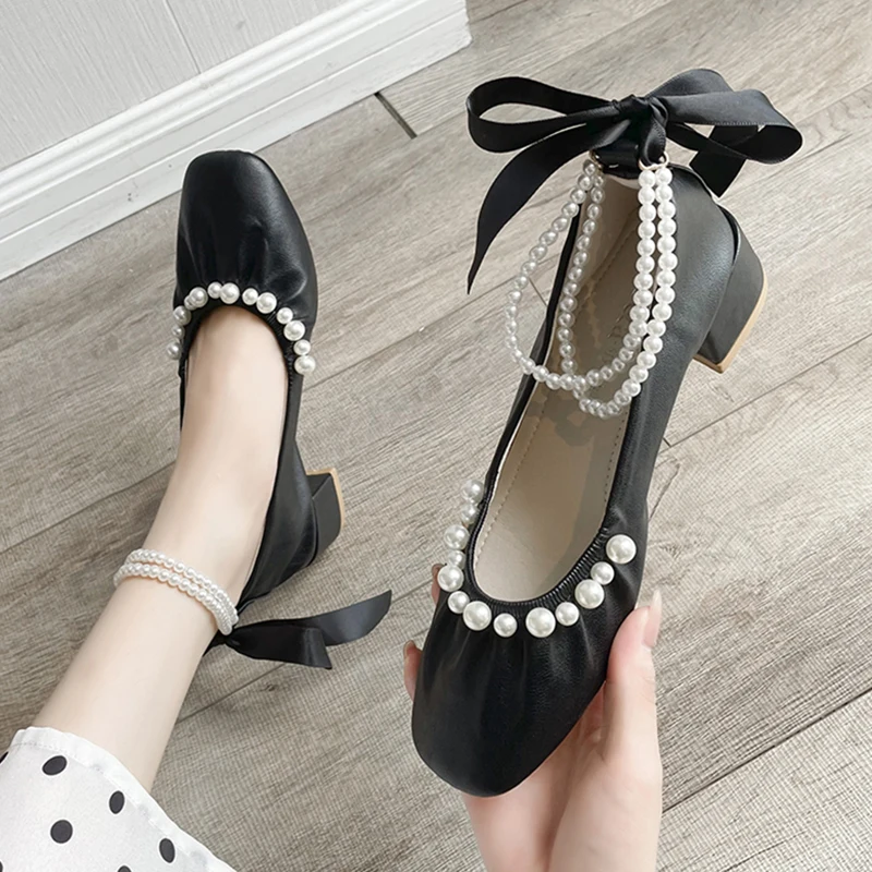 

Pearl Ankle Strap Pumps Women Square Toe Comfortable Med Heels Office Shoes Woman Soft PU Leather Casual Mary Jane Shoes