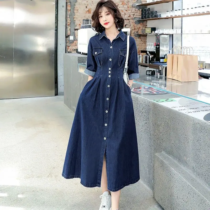 

2021 Women Summer Fashion Blue Jean Ladies Lapel Single-Breasted Half Sleeve Long Cowboy Dress Female Vintage Denim Dress Z707