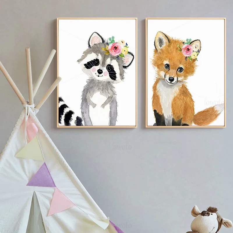 Детский рисунок животных маленький олень кролик лиса белка енот Пингвин с