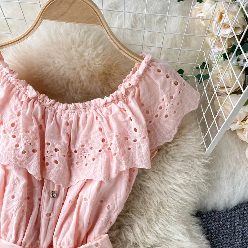 

2021 Summer Sweet Ruffled Off-Shoulder Ruffled Lace-up Mide-length Women Dress Waist Slim Vacation Style Hollow-out Long Dress