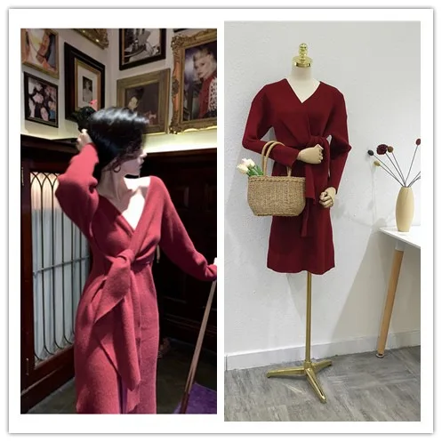 

Зима во французской культуре, а сексуальное женское длинное красное трикотажное платье с длинными рукавами для культивирования морали