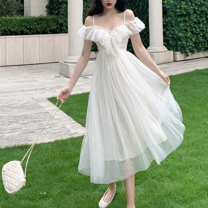 

Summer New Fashion Strapless Wooden Ear V-neck Lace Strap Lace Dress Women Summer Clothes For Women