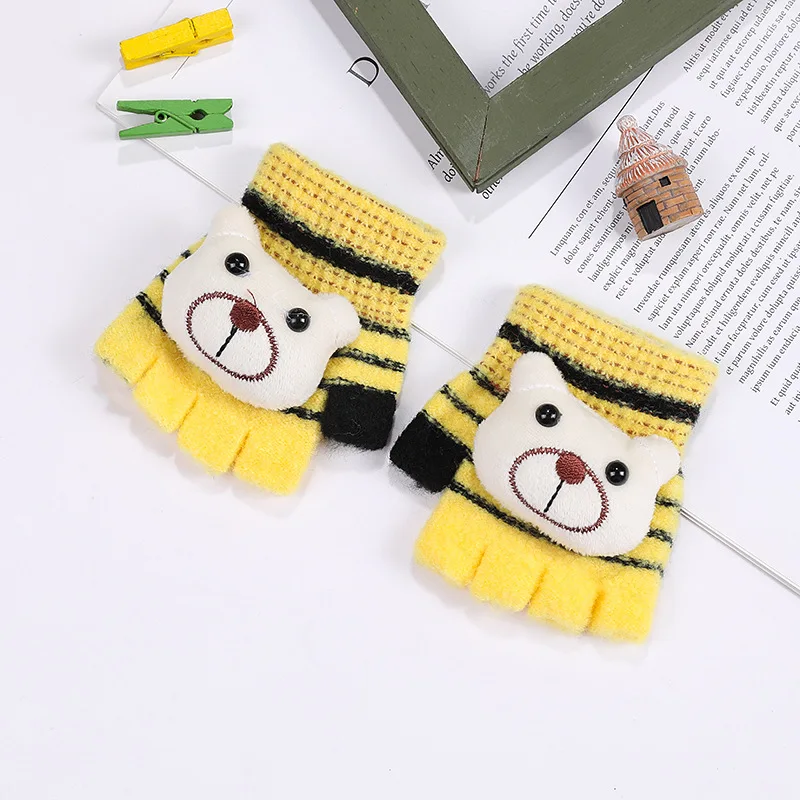 2022 Winter Gloves Kids Warm Children's Mittens Half Full Finger Cartoon Bear Knitted Gloves For Toddler Girl Boy Child Glove