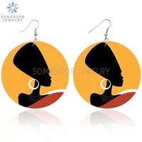 somesoor afrocentric ethnic headwrap arts printed wooden drop earrings africa tribal big loops dangle jewelry for women gifts