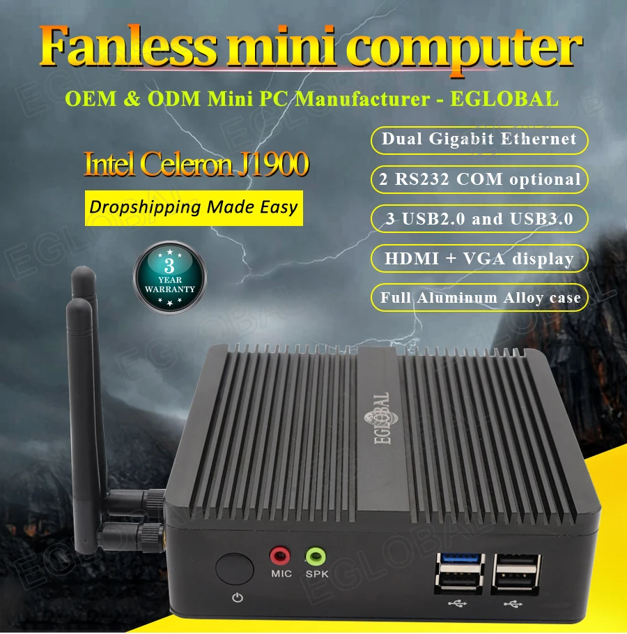 Eglobal Fanless Mini Computer Intel Celeron J1900/N3160/J3160 Quad Core Pfsense Barebone Mini PC Server 2 * Gigabit RJ45 LAN