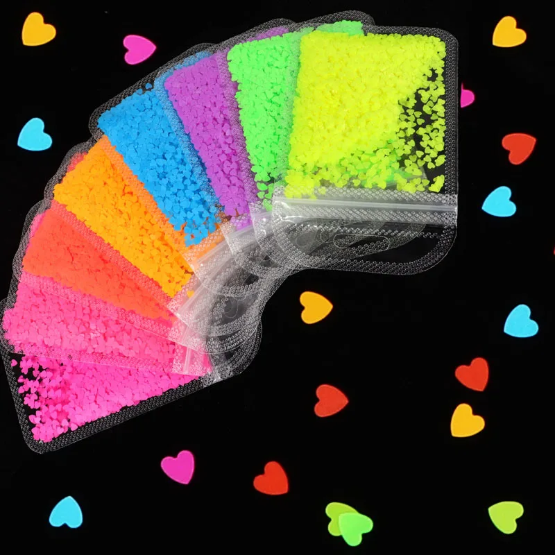 

9 Colors 3mm Heart Shaped Neon Glitter Sequins Flakes For Acrylic Nails 3D Nails Art Stickers Fluorescence Glitter Flakes Tips