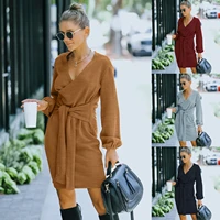 autumn and winter new style european and american womens dress long sleeved short skirt v neck lace up solid color dress