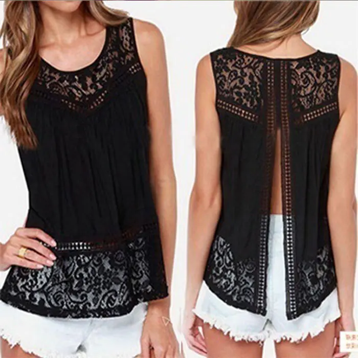 Летняя женская мода Blusas топы крючком кружевной жилет рубашка открытая спина без рукавов шифоновая майка