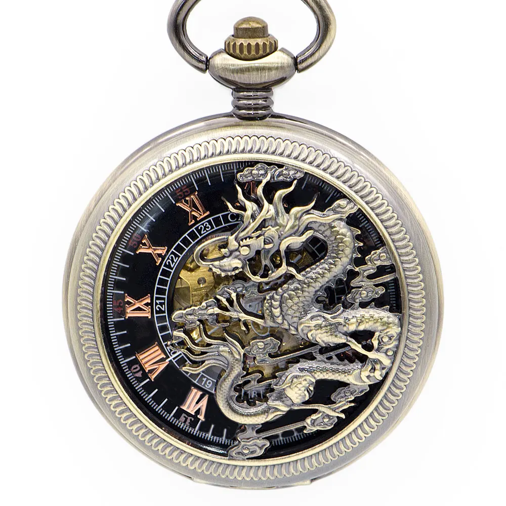 

Механические карманные часы ведущей марки с бронзовым драконом, римские цифры, скелетоны, циферблат, унисекс, карманные часы для мужчин и же...