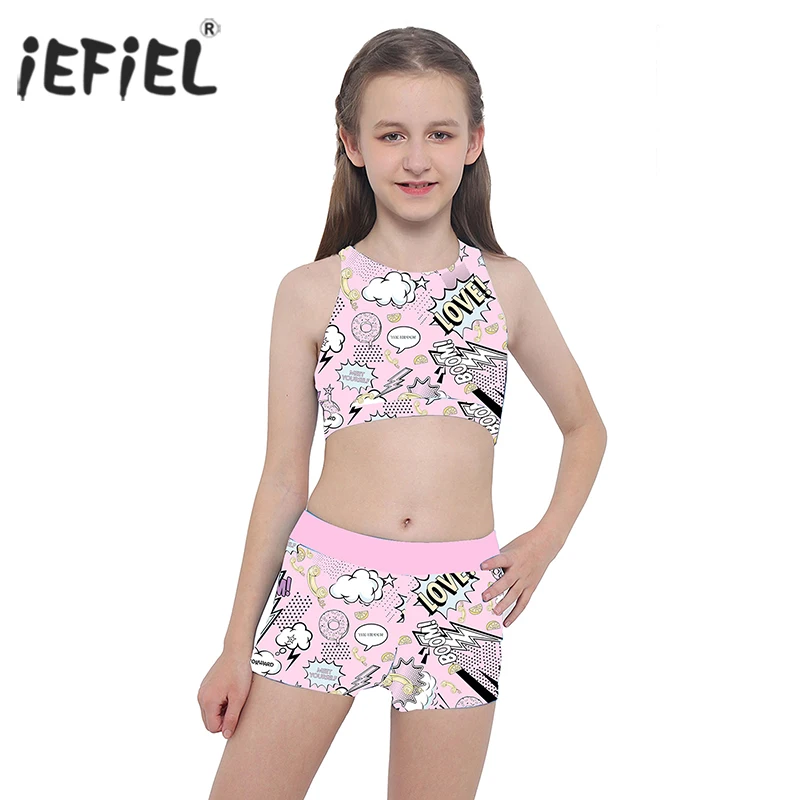 

Kids Girls Clothes Sets Stretchy Sleeveless Sport Tanks Crop Tops Shorts Leggings Yoga Workout Stage Dancewear Gymnastics Outfit
