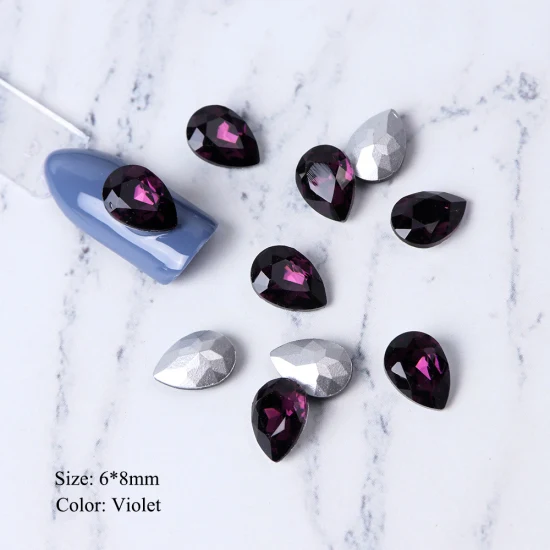 Violet 6x8mm 10 шт. Кристаллы Стразы для ногтей Блеск капли воды украшения для ногтей 3D стеклянный камень драгоценный камень плоская задняя сторона поддельные ювелирные изделия с алмазами TR896 - Цвет: Violet 6x8mm
