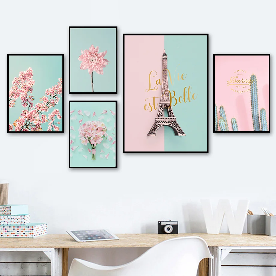 

Pink Flower Paris Tower Cactus Wall Art Canvas Painting Nordic Posters And Prints Plant Wall Pictures For Living Room Home Decor