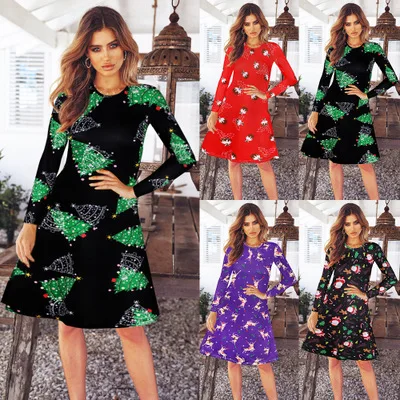 

2020 Women's Dress New Knitted Christmas Printed Skirt Autumn Winter Long Sleeve Round Neck Large Size Slim Skirt