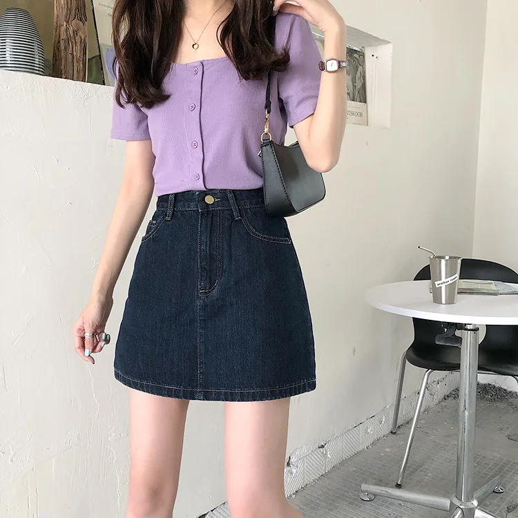 Мини юбка женская джинсовая трапециевидная с завышенной талией модная пикантная