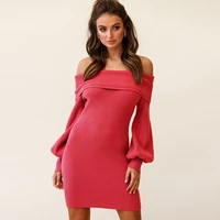 2022 new women sheath sweater dress solid long mid calf red black autumn spring full sleeve pullover slash neck clothes