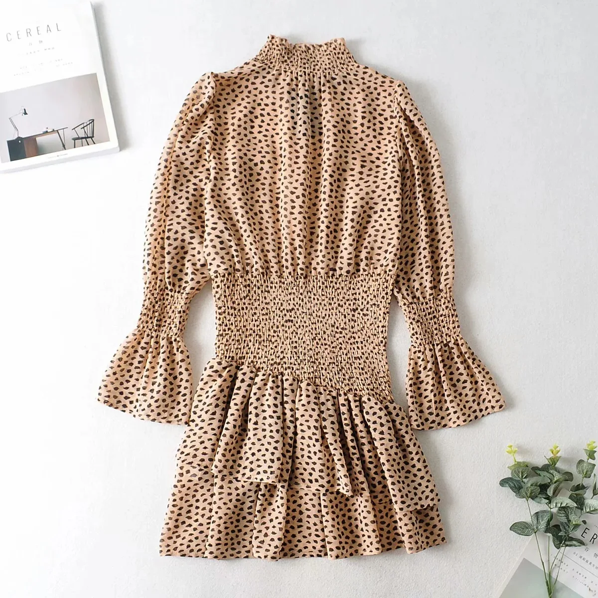 

2021 Summer Autumn Stand Collar Print Long Sleeve Holiday Beach Fall A-line Mini Dress