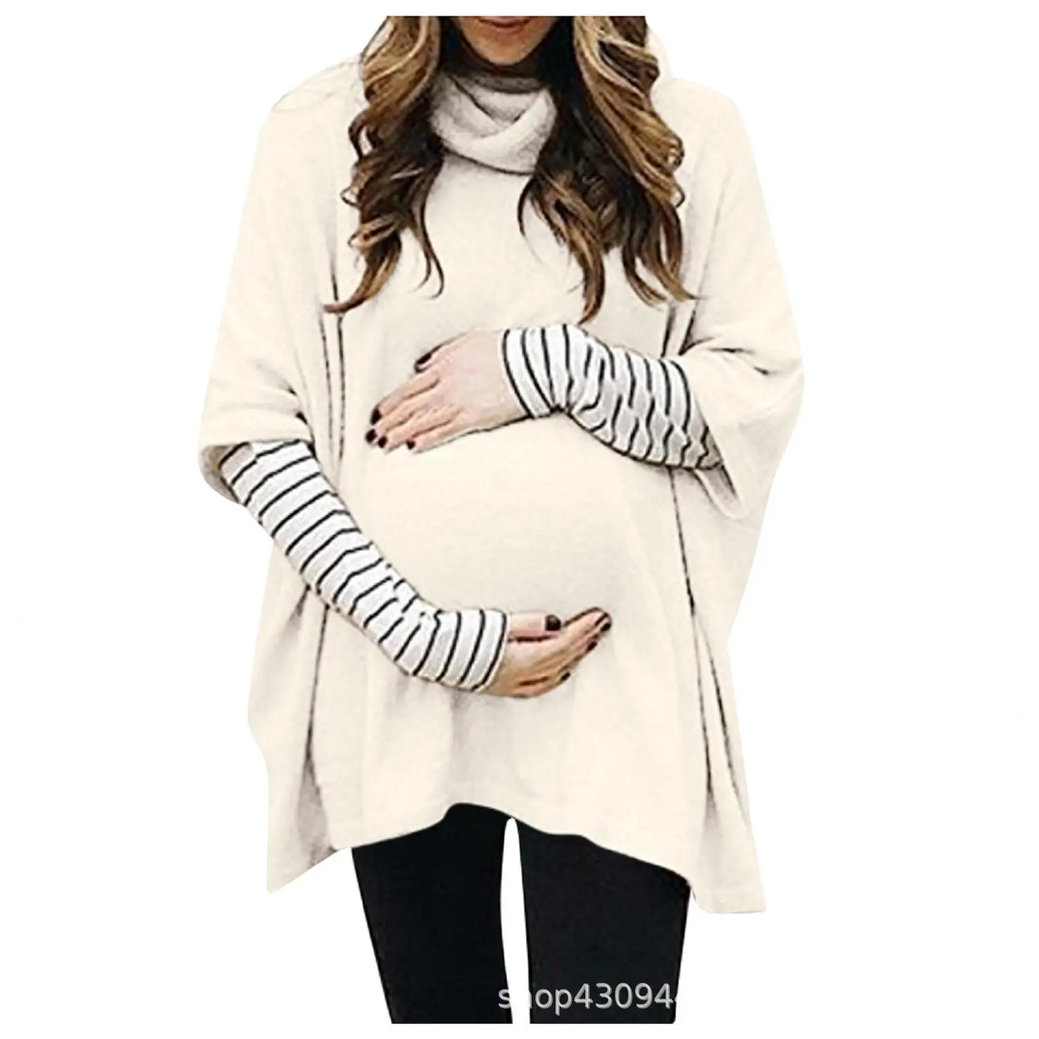 

Pullover Sweatshirt Autumn Winter pregnant clothes Women Maternity Sweatshirt High Collar Long Sleeve Splicing Stripe Tops