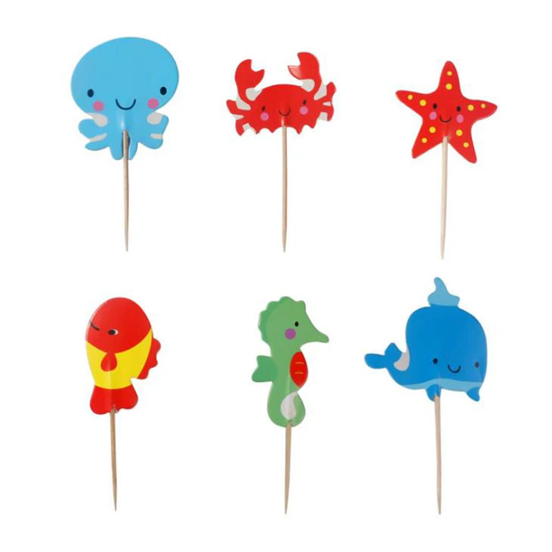

240pcs/lot Birthday Party Baby Shower Cupcake toppers Decorate Octopus Seahorse Whale Crab Fish Starfish Cake Topper with sticks