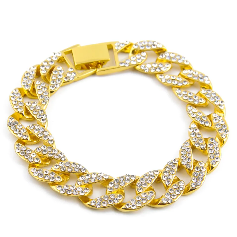 

New Gold Fully Iced Out Hip Hop CZ Bracelet Mens Miami Cuban Bracelet Men's Luxury Simulated Bling Rhinestones Fashion Bangles