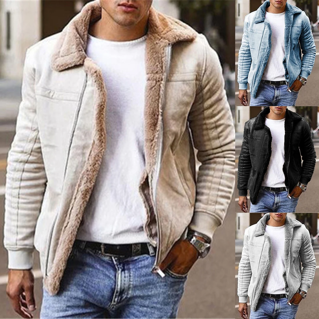 

2020 Autumn Winter Mens Suede Leather Jackets Motorcycle Jacket Male Thick Warm Fur Collar Biker Coats Windproof Fleece Outwear
