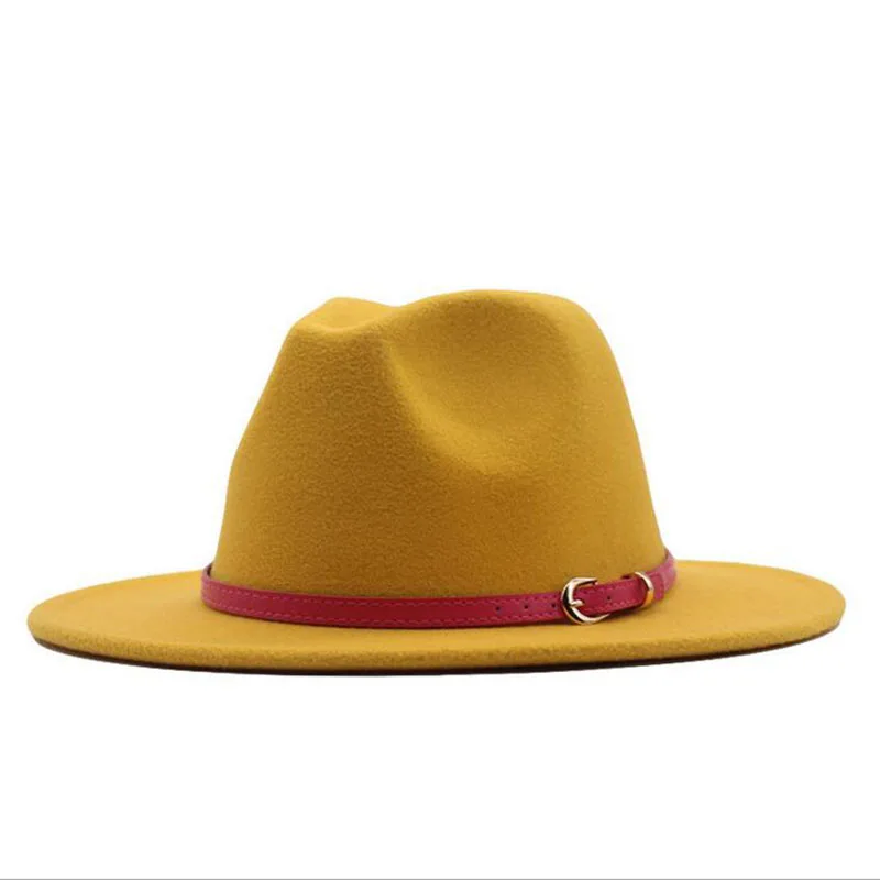 

Men Women Yellow Fedora Hat Wide Brim Wool Felt Panama Hats With Belt Buckle Jazz Trilby Cap Black Formal Caps Chapeau Femme