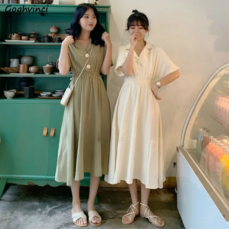 

Платье женское с коротким рукавом, однотонное на пуговицах, с отложным воротником, Элегантная Модная простая свободная уличная одежда для отдыха, Ins, на лето