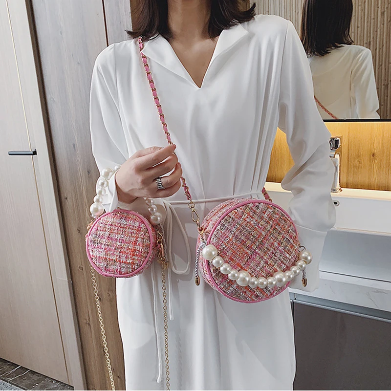 bolsos модные женские сумки-почтальон, круглая сумка на плечо, дизайнерская сумка через плечо, твидовые сумки для женщин, жемчужное колье, сумка