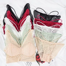 Women Lace Sexy Bra Sets Mesh Panties Padded Wireless Thin Straps Daily Breathable Femme Fashion Push Up Lingerie Brief Set (2)