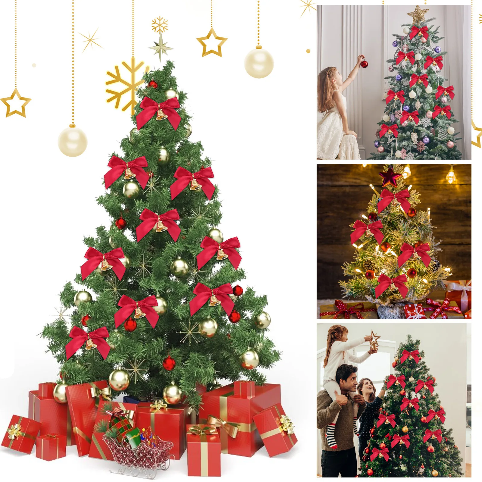

10/20/30pcs Christmas Golden Bell Red Bow Christmas Decoration Home Holiday Party Red Bow With Bell Ornaments Christmas Bows