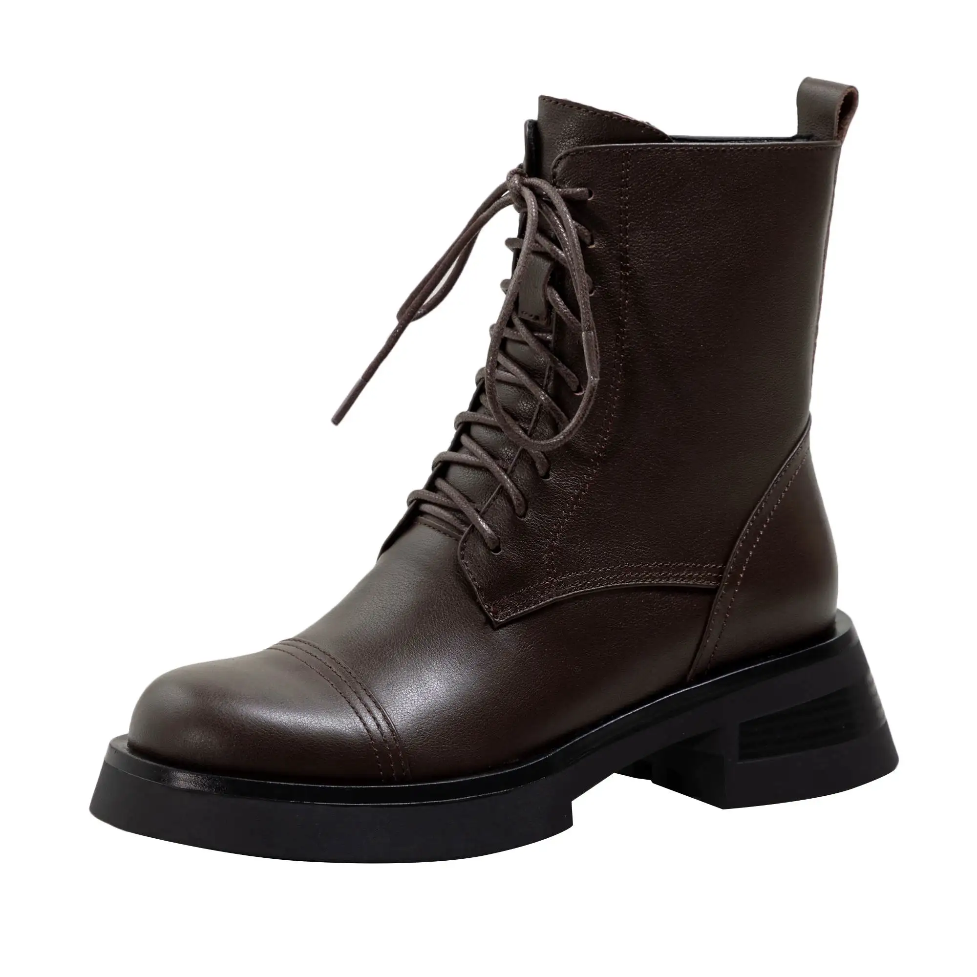 Beli Sepatu Boots Chelsea Fashion Tinggi Retro Hak Med Persegi Ujung Bundar Kulit Sapi Panci Krazing Sepatu Bot Pergelangan Kaki Diikat Silang Tetap Hangat L13
