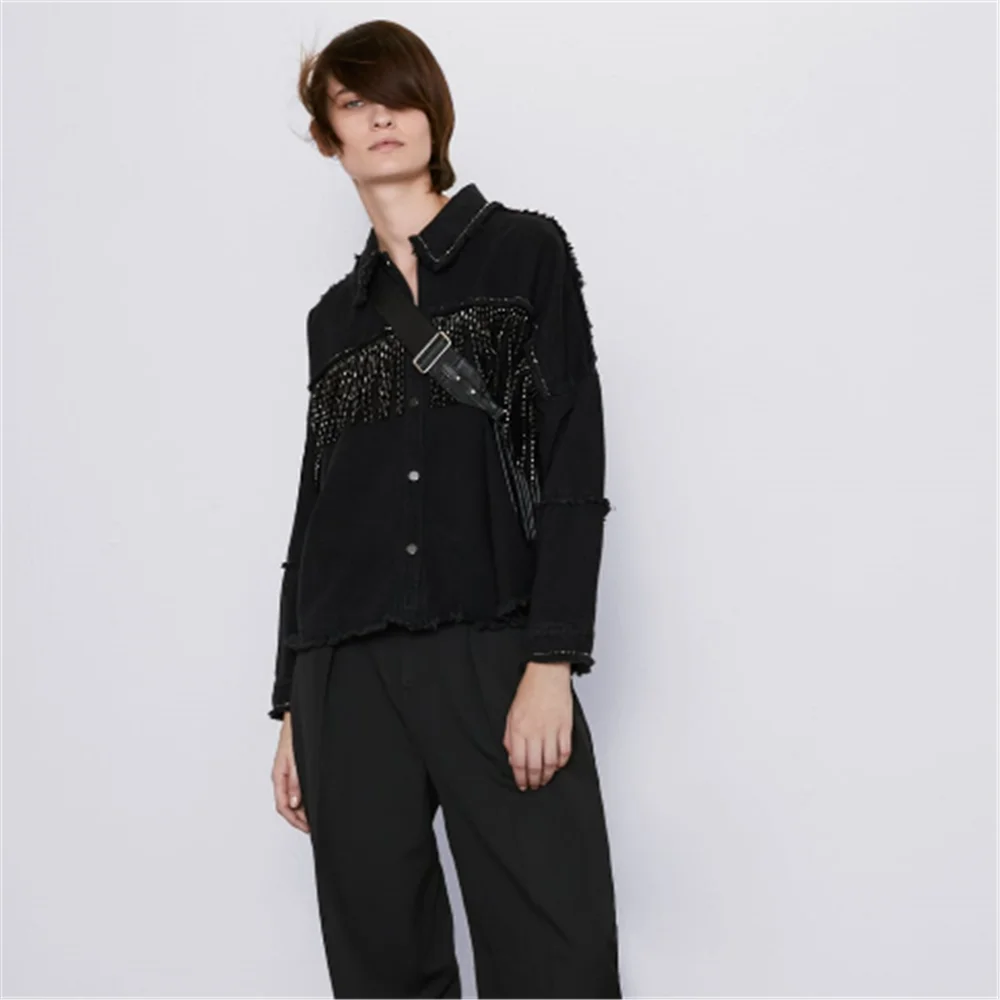 Женская джинсовая куртка ZA армейская зеленая оверсайз с бахромой и заклепками