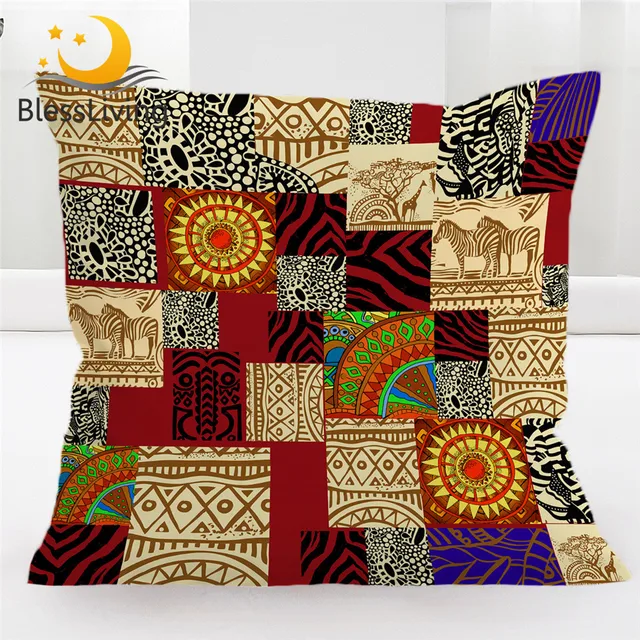 BlessLiving Ethnic Cushion Cover African Animal Pillow Case Geometric Patchwork Throw Pillow Cover Zebra Giraffe Home Decor 1