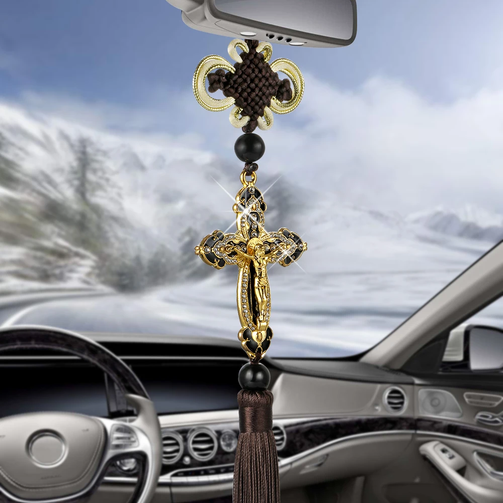 

New Car Pendant Metal Diamond Cross Jesus Christian Religious Car Rearview Mirror Ornaments Hanging Auto Car Styling Accessories