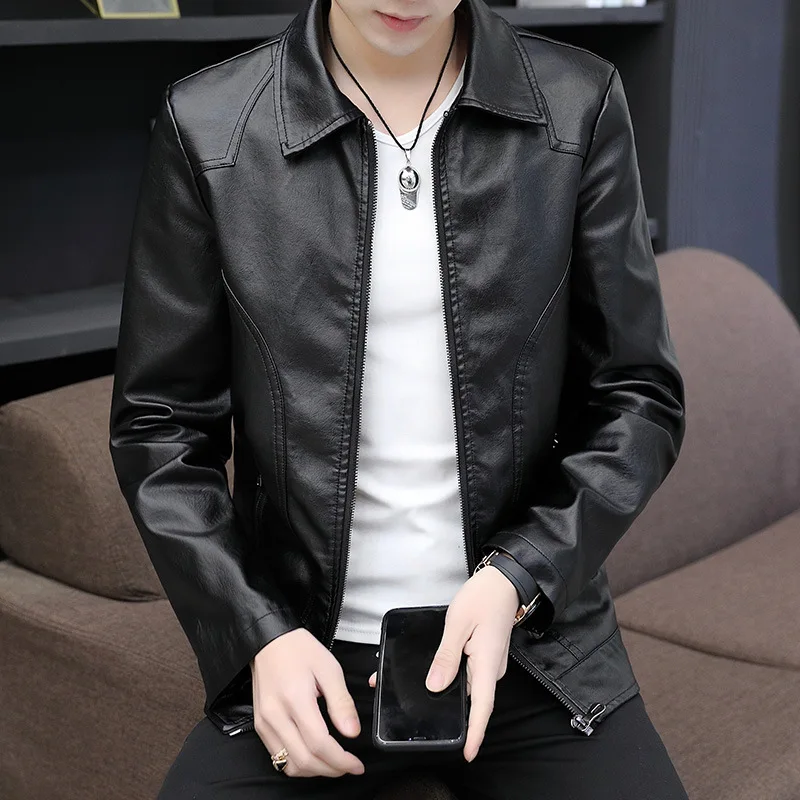 

2020 Men's Fashion Autumn New Slim Lapel Handsome Leather Jacket Youth Fashion Solid Color Zip Leather Jacket