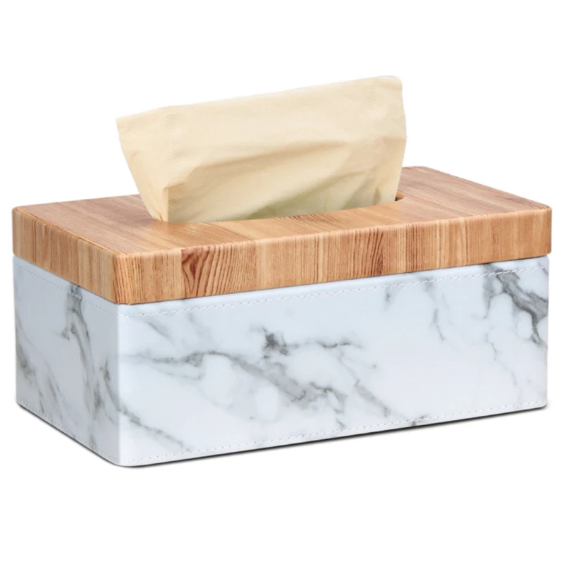 Rectangular Marble PU Facial Grain Tissue Box Cover Napkin Holder Paper Towel Dispenser Container for Home Office Decor