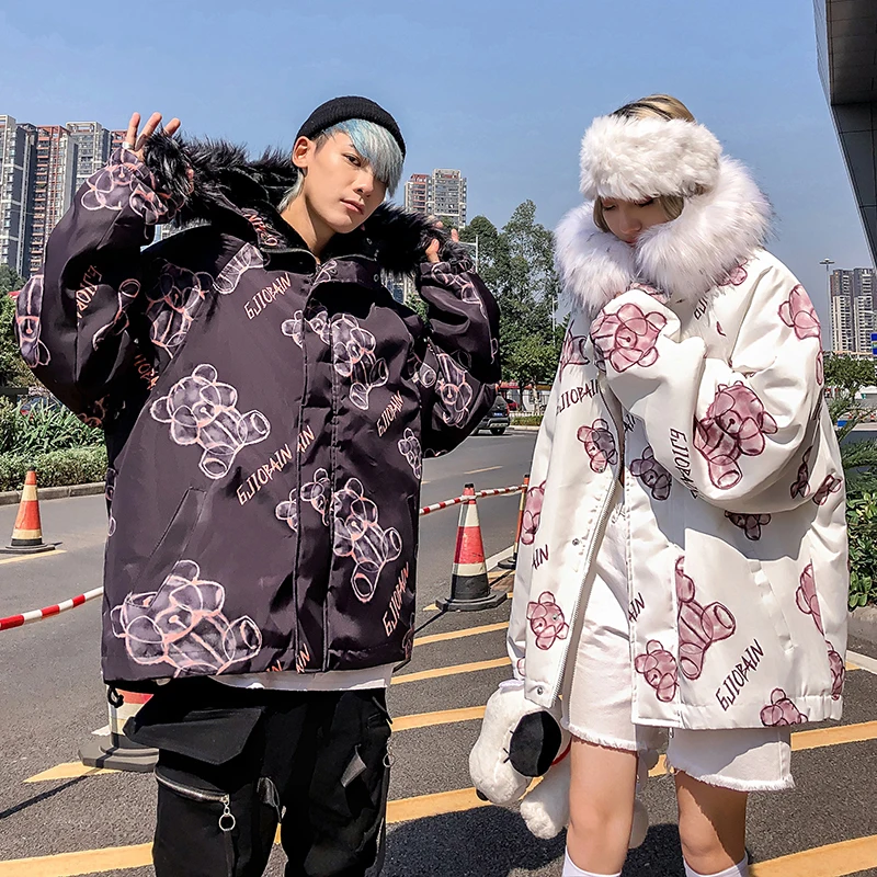 Парка с меховым воротником толстая рисунок милым медведем Harajuku уличная Мужская