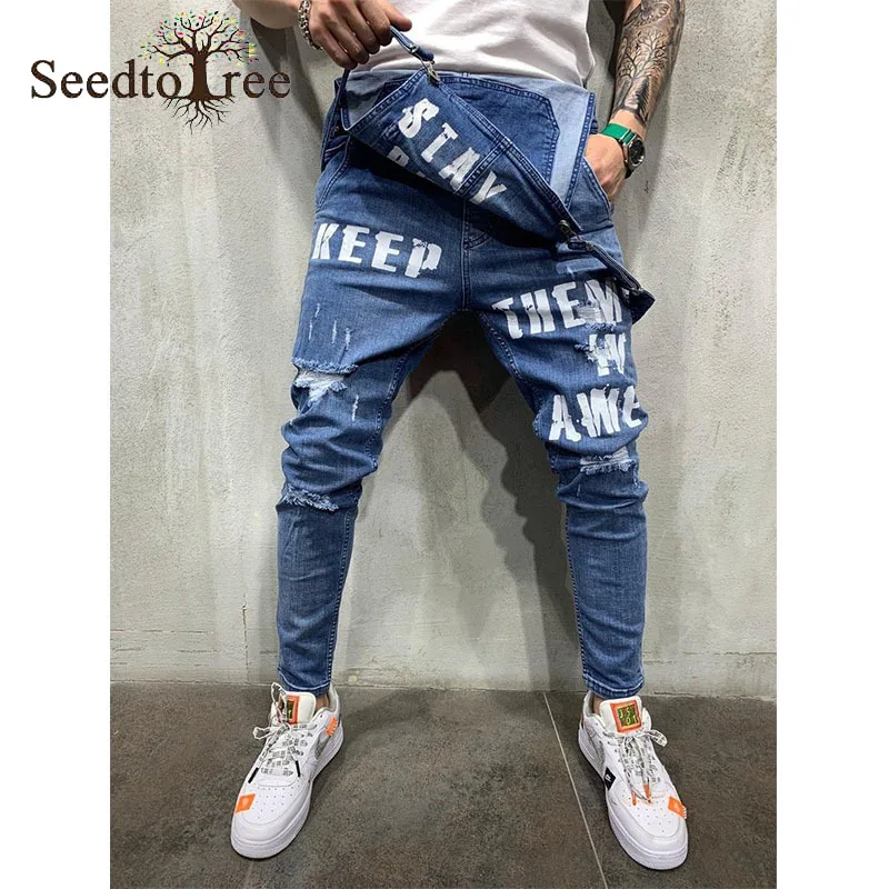Letter Pattern Casual Hole Men's Jeans Slim Overalls Denim Trousers