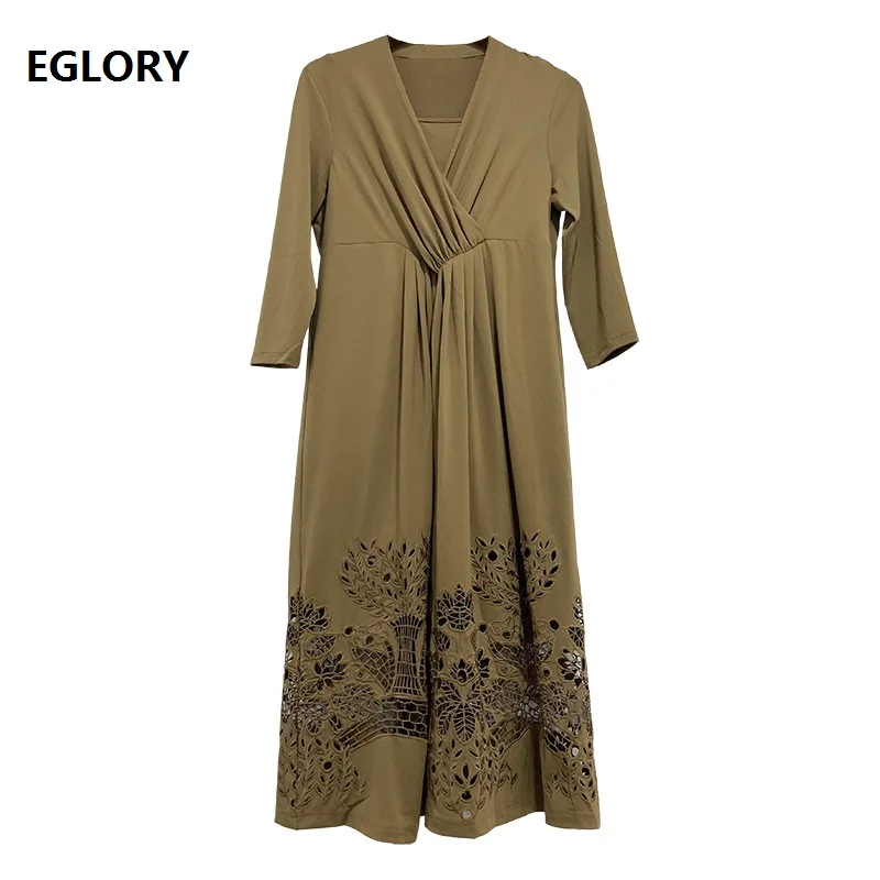 

Plus Size Clothing 2020 Spring Summer Dress Women V-Neck Hollow Out Embroidery Long Sleeve Mid-Calf Length Vintage Dress 4XL 5XL