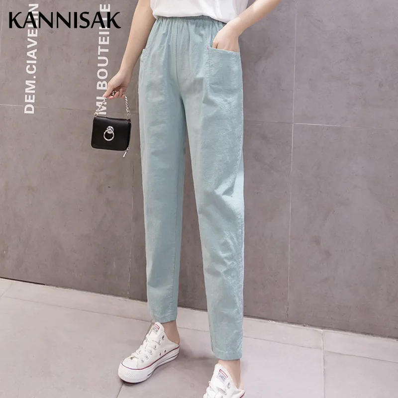 

Женские брюки из хлопка и льна; Дышащие повседневные брюки длиной до щиколотки; Сезон весна-лето; Милые корейские Капри с эластичным поясом ...