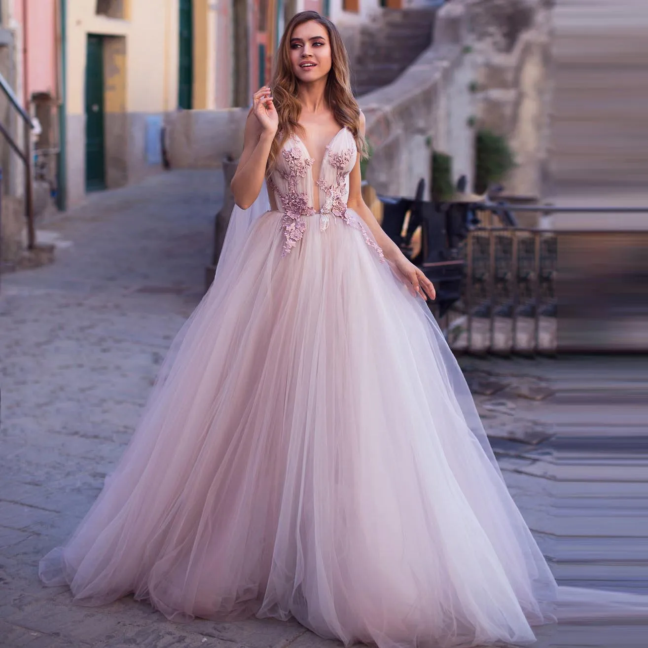 

See Through V-Neck Wedding Dress Open Back Applique Tulle Bridal Dress Floor Length Long Evening Dress Floral Dresses Women