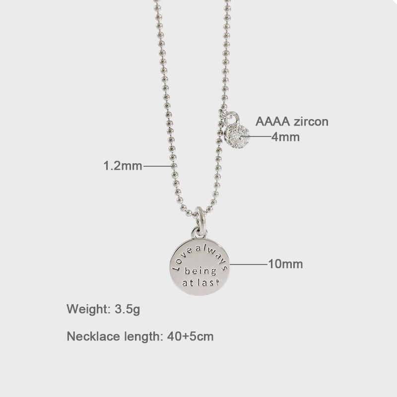 

S925 Round Card Pendant Necklaces Cubic Zircon 100% 925 Sterling Silver Beads Necklace Accessories for Women Jewelry YNC137