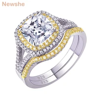 newshe 925 sterling silver halo yellow gold color engagement ring wedding band bridal set for women 1 8ct cushion cut aaaaa cz