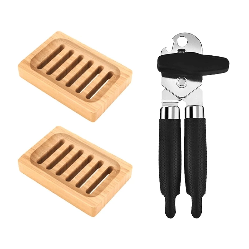 

1 Pcs Hand-Held Can Opener,Manual Can Opener & 2 Pcs Bamboo Soap Dish Rustic Bar Soap Holder
