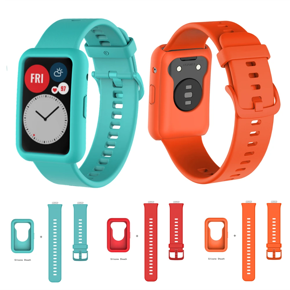 

Силиконовый ремешок + чехол для часов Huawei, сменный ремешок для часов Huawei Fit 2 в 1, браслет + защитный чехол