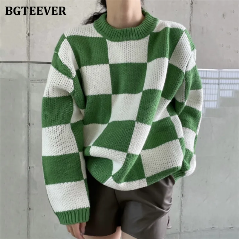 

Женский винтажный свитер BGTEEVER в стиле пэчворк, джемперы в клетку, модные осенне-зимние свободные женские вязаные пуловеры с длинным рукавом...