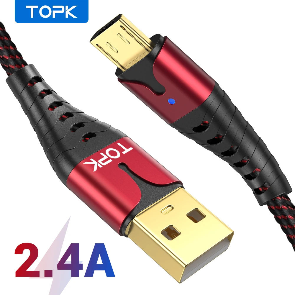 TOPK LED 1 м Micro USB кабель для быстрой зарядки Xiaomi Samsung Android мобильный телефон передачи