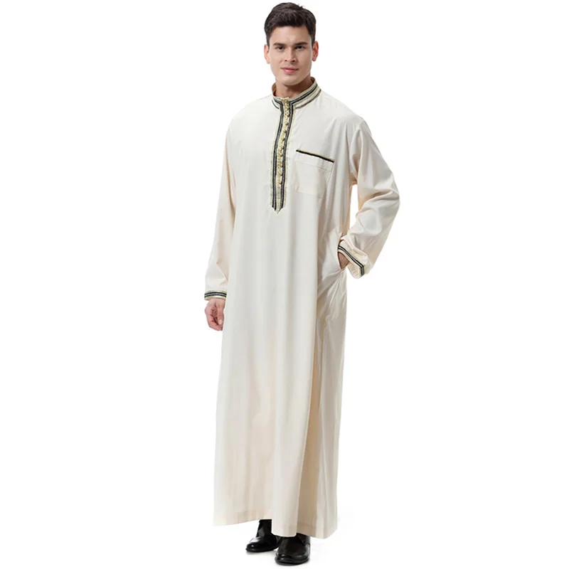 

Pakistan India Muslim Fashion Clothing Applique Stand Collar Dubai Abaya Kaftan Men's Robe Long Sleeve Arabian Prayer Clothes