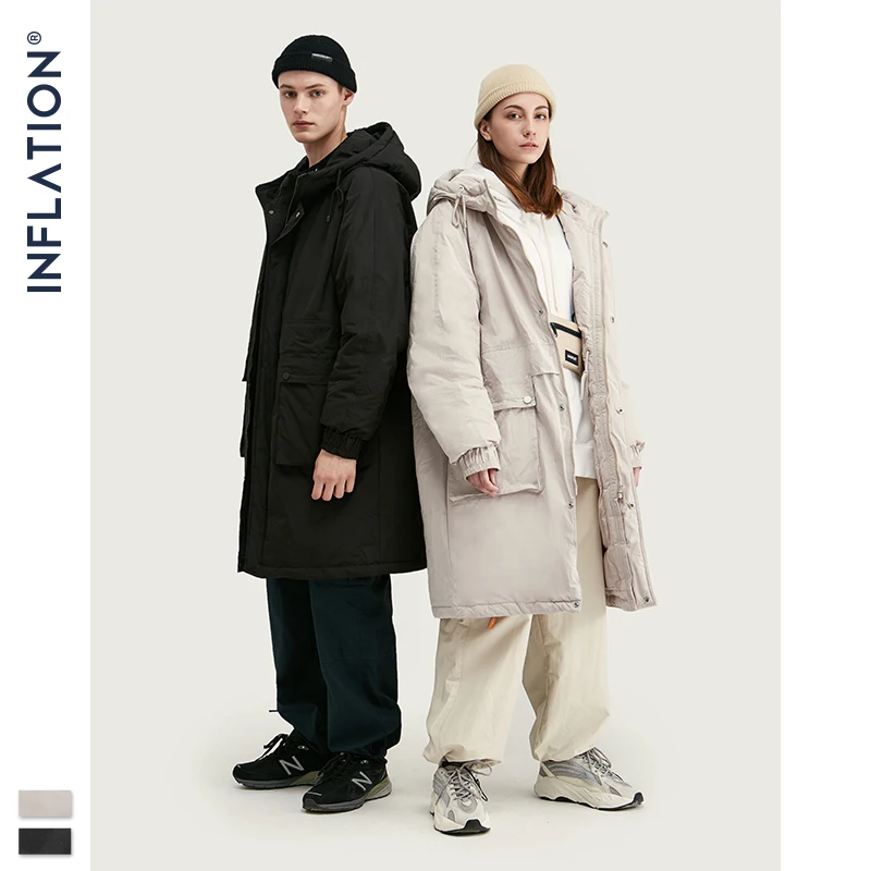 Зимний мужской длинный пуховик свободный крой с капюшоном 90% белый утиный пух 2019